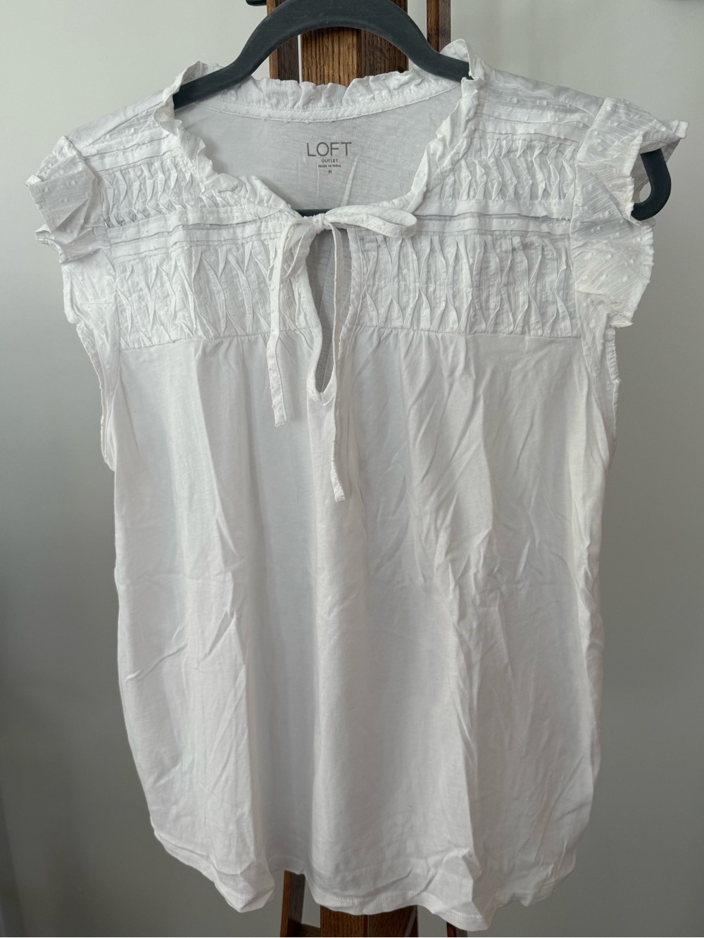 LOFT White Smocked Tie-Front Cap Sleeve Top